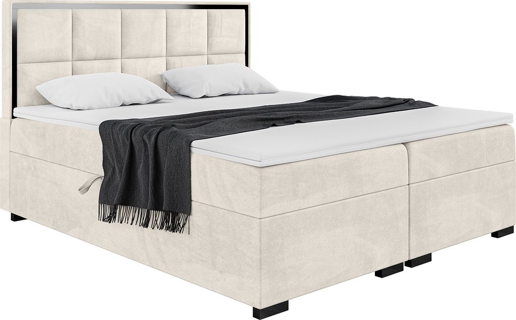 MEBLINI Boxspringbett mit Bettkasten - Gepolstert Doppelbett mit Matratze und Topper - Polsterbett mit Stauraum - Bett mit Kopfteil - Dani Black - ...