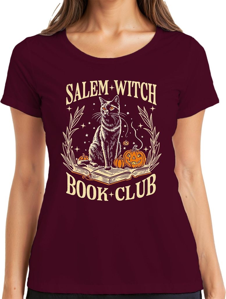Salem Witch Book Club Katze Kürbis Halloween Magie Vintage Retro Damen T-Shirt, Burgundy, XL