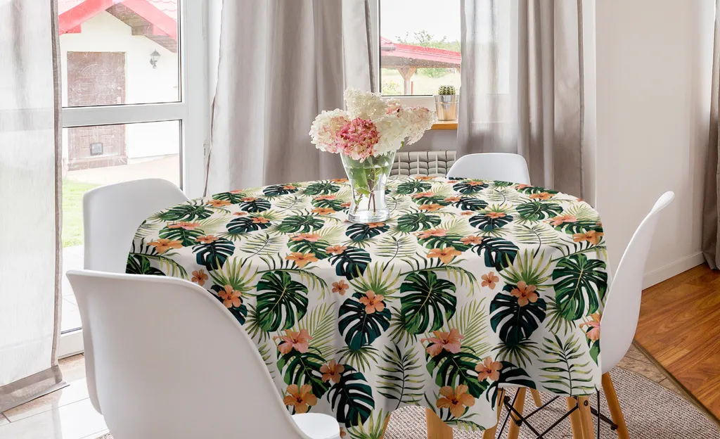 ABAKUHAUS Tovaglia rotonda con motivo ibisco, fiori tropicali Monstera, tovaglia circolare per sala da pranzo, decorazione cucina, 150 cm, multicolore