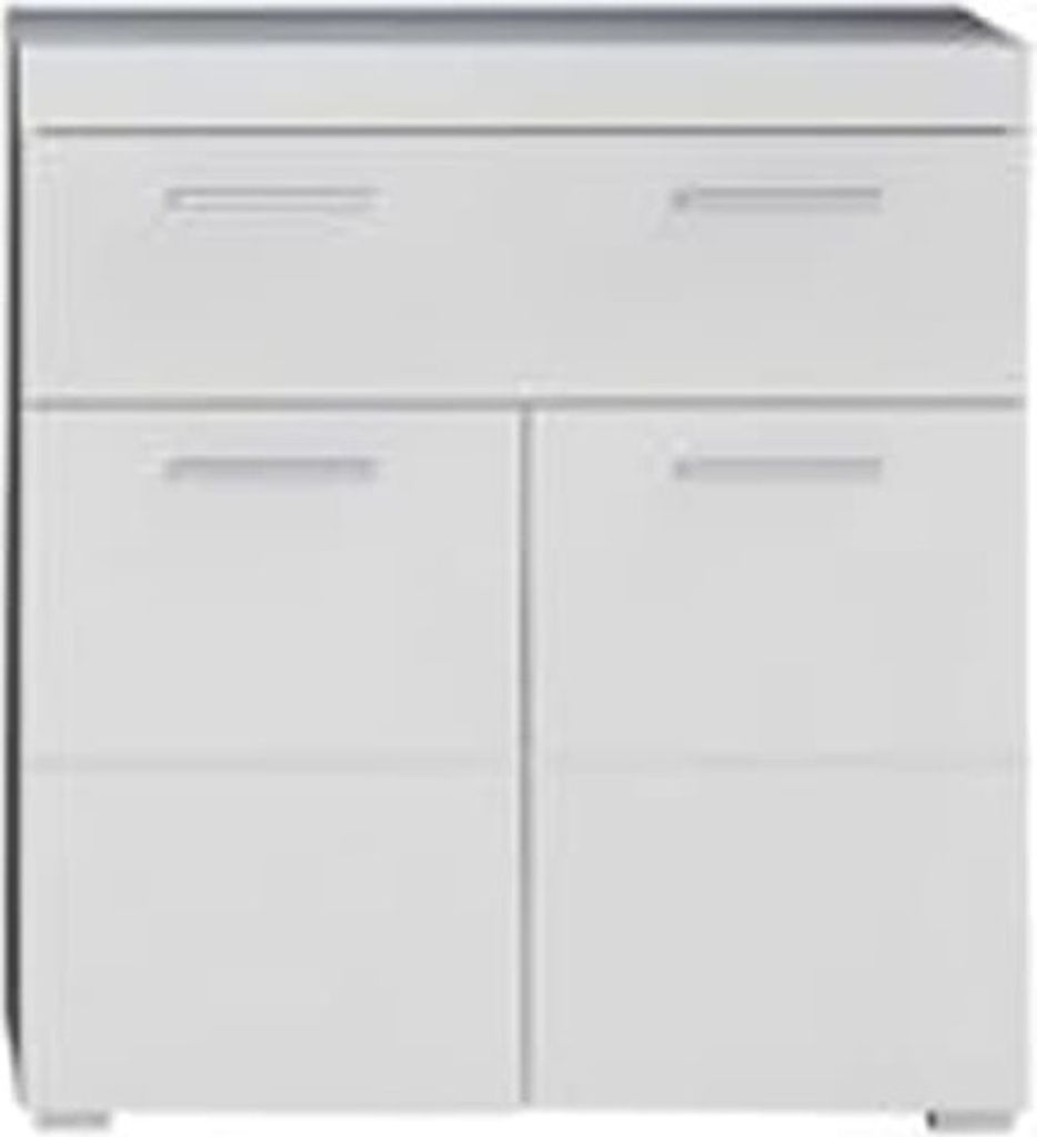 A white cabinet with two drawers on top and two cabinet doors below.
