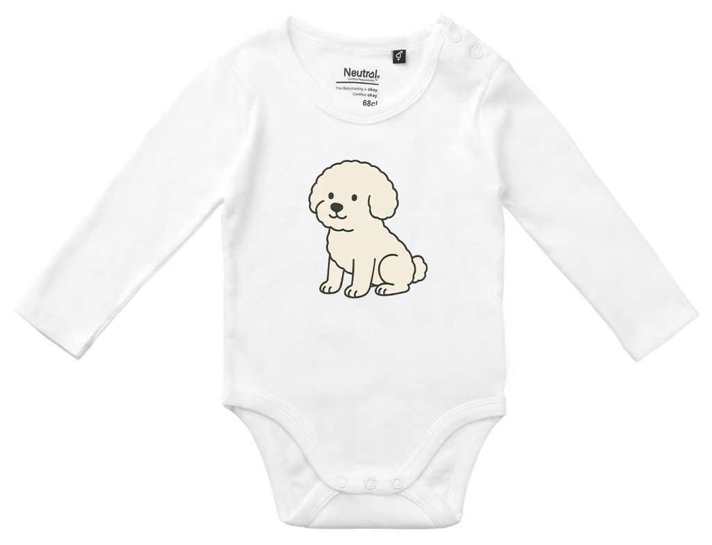 Huuraa Baby Body Bichon Frisé Comic Bichie 80 White Baumwolle Fairtrade Langarmbody Geschenkidee