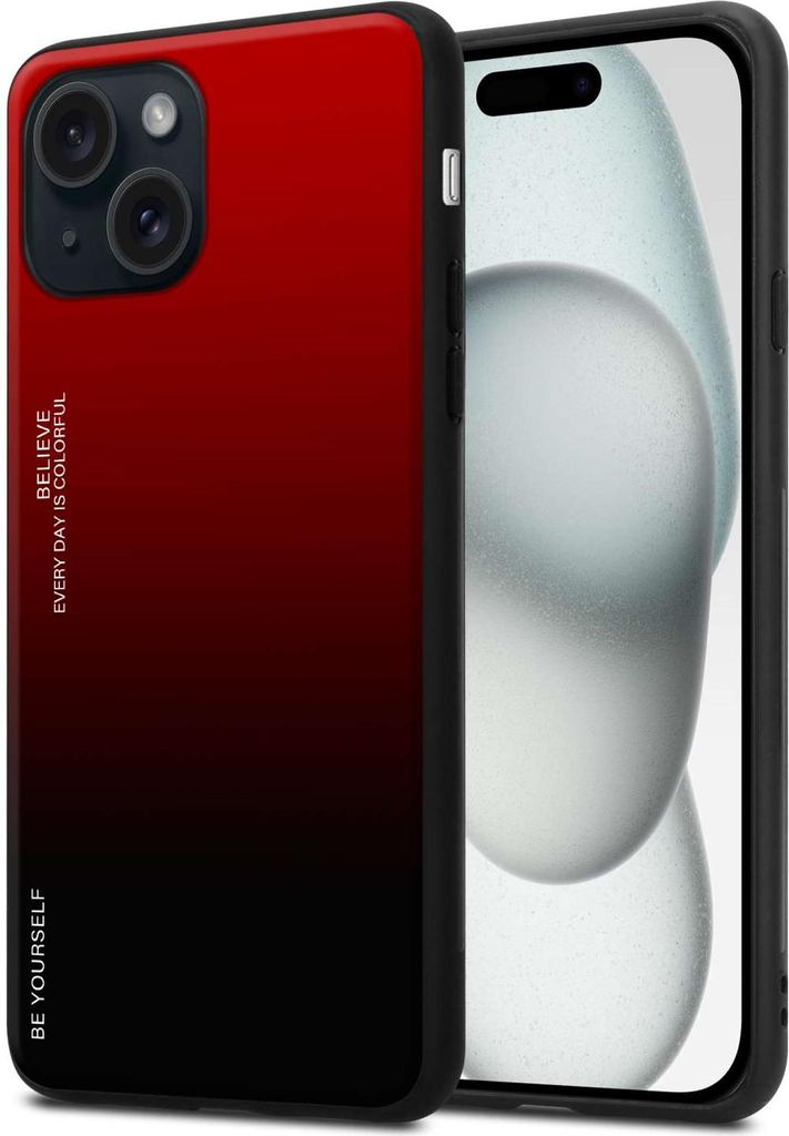 Cadorabo Hülle für Apple iPhone 15 PLUS in ROT - SCHWARZ Zweifarbige Schutzhülle aus Tempered Glas und TPU Silikon Back Case Cover Etui Handy H...