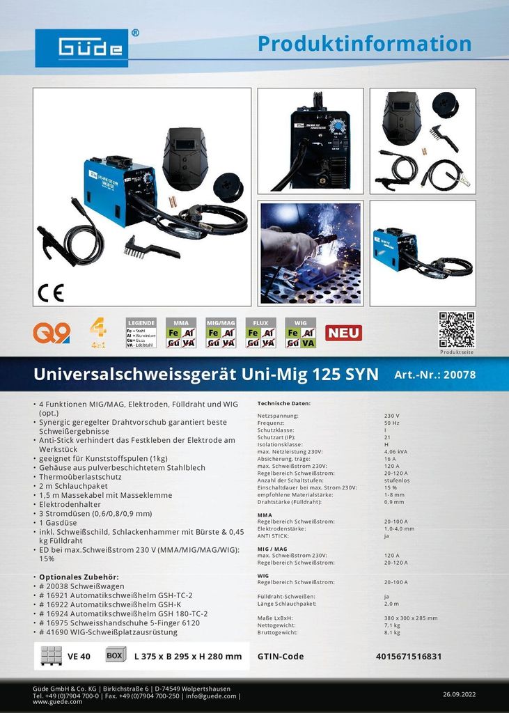 GÜDE Uni-Mig 125 SYN Universal Schweißgerät Produktbild 7