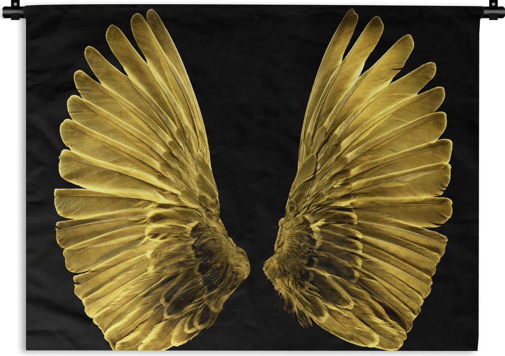 MuchoWow Wandteppich Wandbehang Goldene Flügel auf schwarzem Hintergrund 90x67.5 cm Tapisserie Dekoration Wandtuch - Fototeppich - Wand-Skulpturen