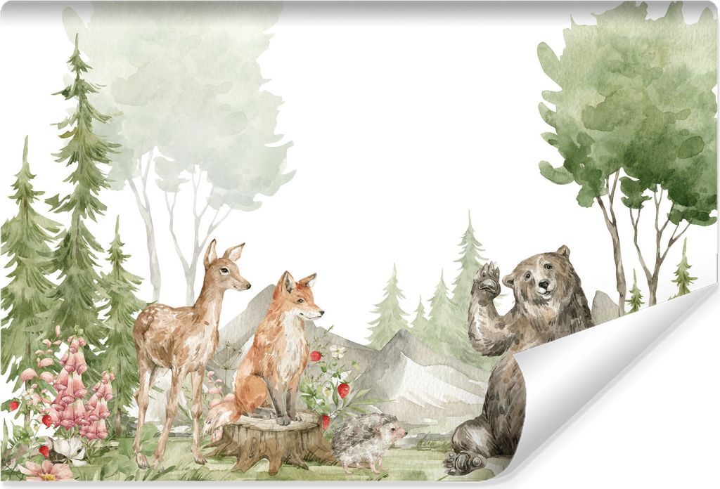 Muralo Selbstklebende Fototapete Für Kinder WALDTIERE Blumen Bäume Natur Aquarell Br. 405cm x Hö. 270cm