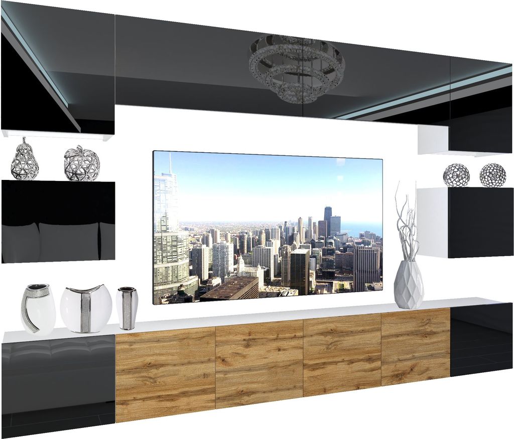 BELINI Wohnwand Vollausstattung Wohnzimmer-Set Moderne Schrankwand mit LED-Beleuchtung Weiß Glänzend Anbauwand TV-Schrank Schwarz / Wotan Eiche G...