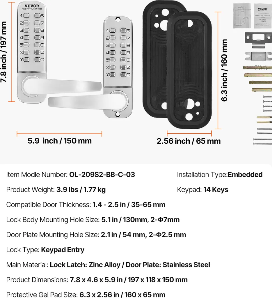 Serrure de Porte à Code Mécanique Extérieure - Verrou Inox VEVOR