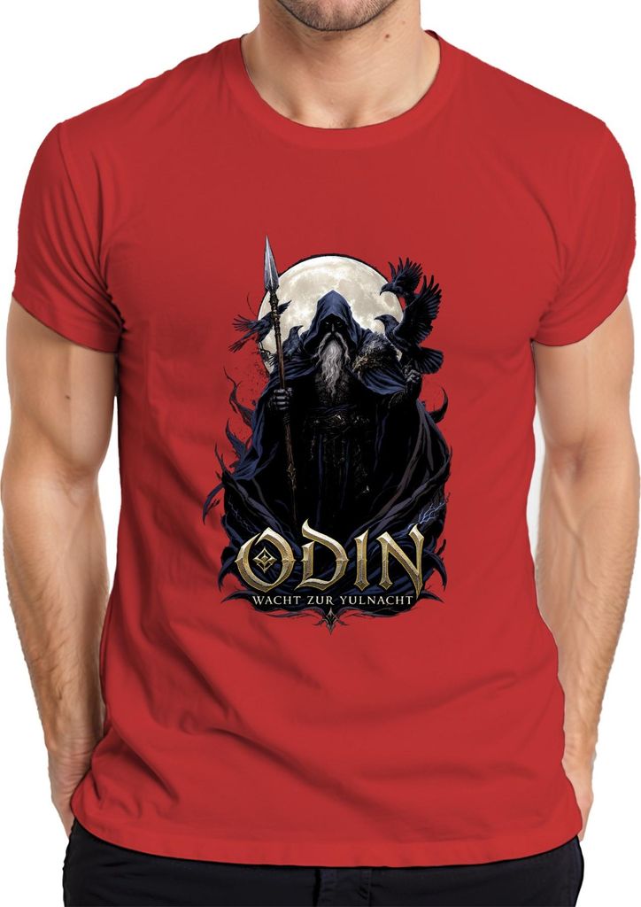 ODIN WACHT ZUR YULNACHT Wikinger Weihnachten Raben Vollmond Nordisch Herren T-Shirt, Rot, S