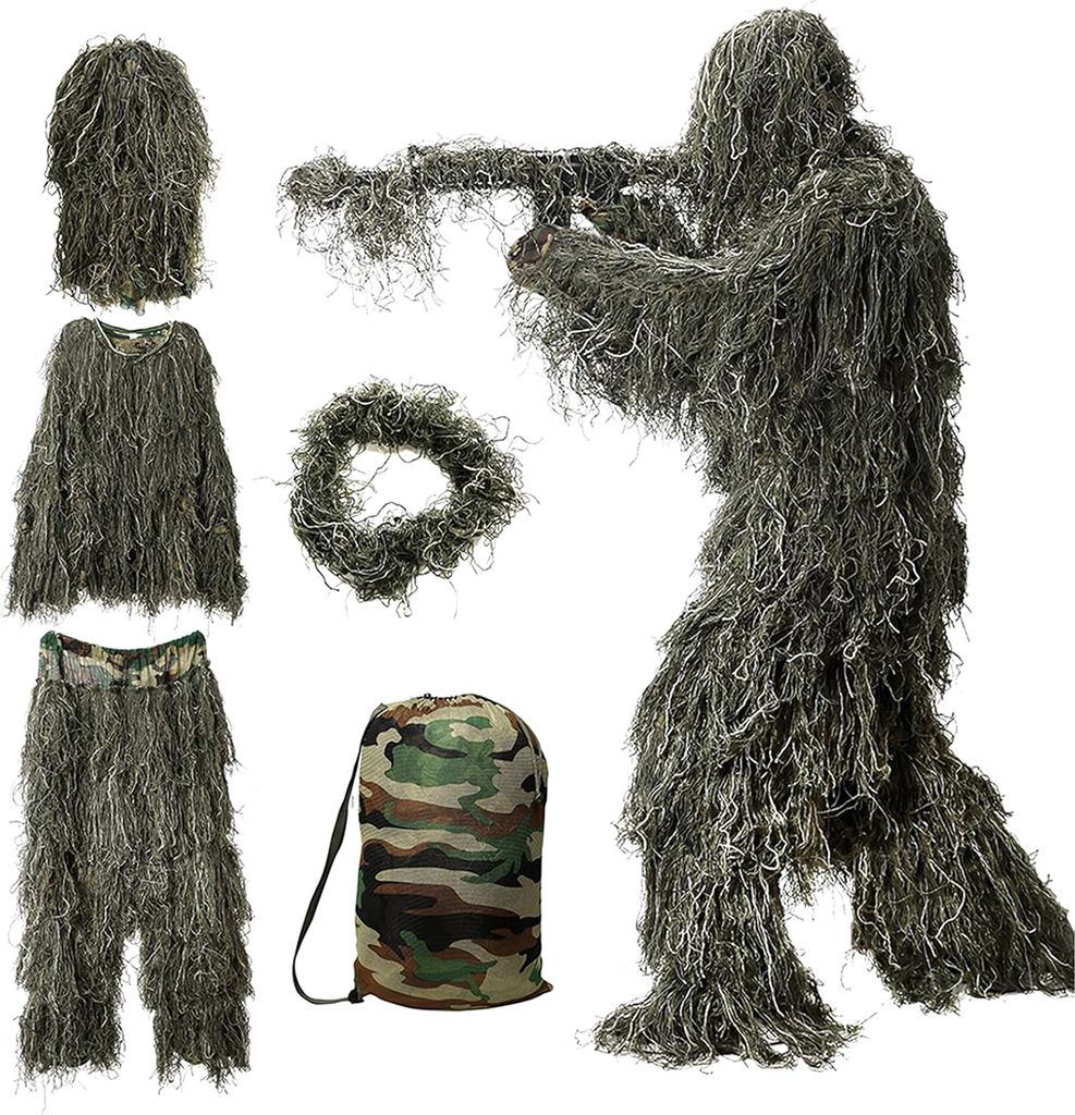 5 Teile/satz Ghillie Anzug mit Jacke Hosen Kapuze Girlande Tragen Tasche 3D Camouflage Jagd Bekleidung Jugend Erwachsene Woodland Kleidung