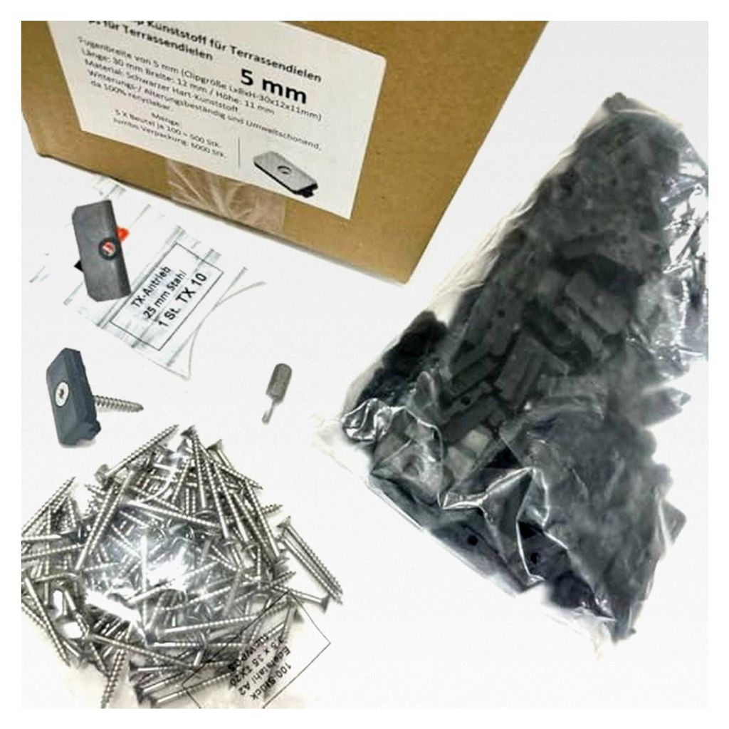 500 Stück WPC Clips 5 mm inklusive Schrauben und 100 Start- und Endclips sowie 1 Bit, Befestigungsklammern für Terrassendielen