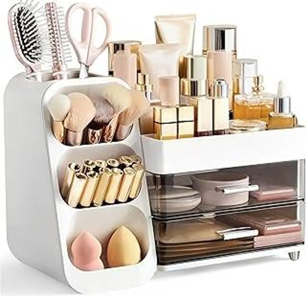 HBlife Organizer Trucchi 3 in 1 Bianco Grigio con Cassetti e Porta Pennelli