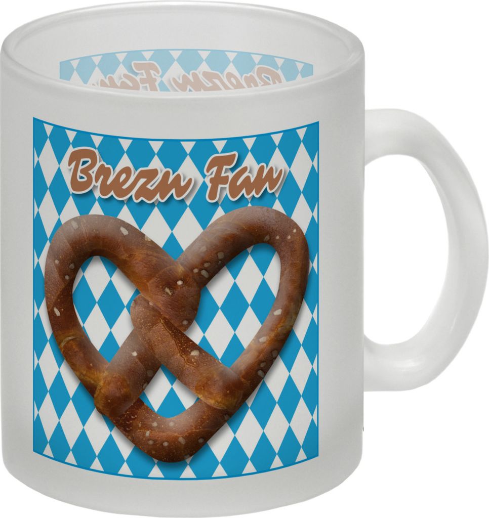 Brezelherz Bayernflagge Glas Tasse mit Spruch Brezn Fan