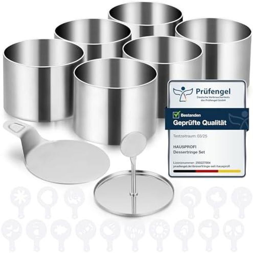 Dessertringe Set 6er(Ø7.5cm) mit Deckel & Basis 16 Schablonen, Edelstahl Servierringe Speiseringe Anrichteringe, Nahtlose Mousse Form, Tortenring ...