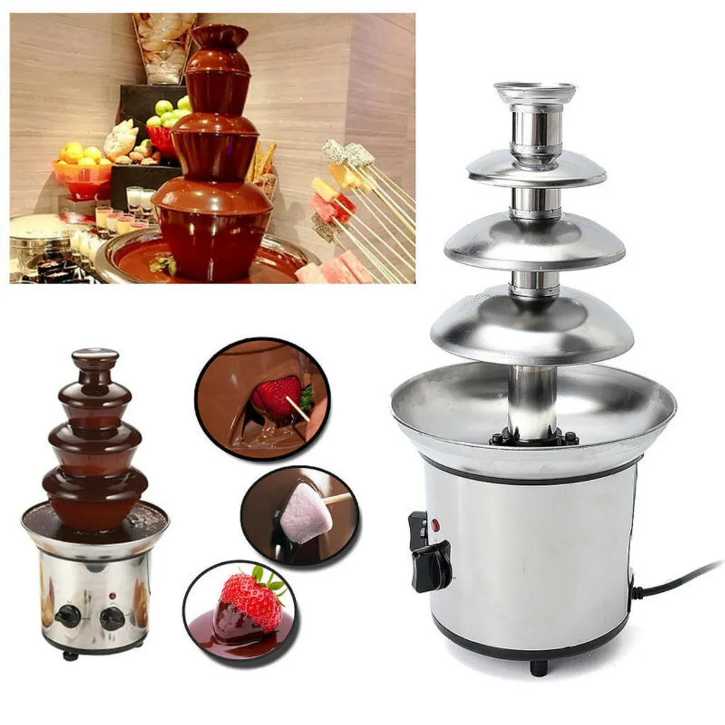 Fontaine à chocolat à 4 niveaux et fondoir électrique argent de 3 kg