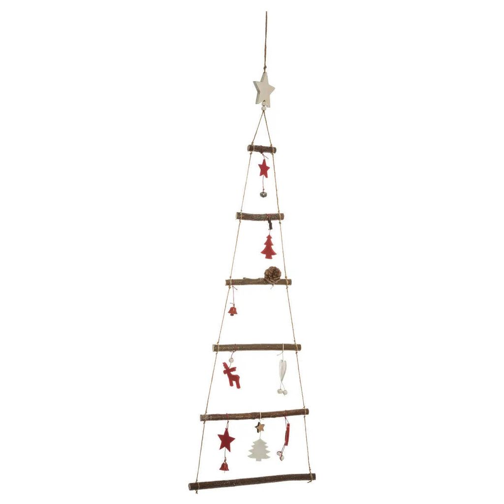 A hanging Christmas tree decoration made of wooden sticks and adorned with various ornaments.