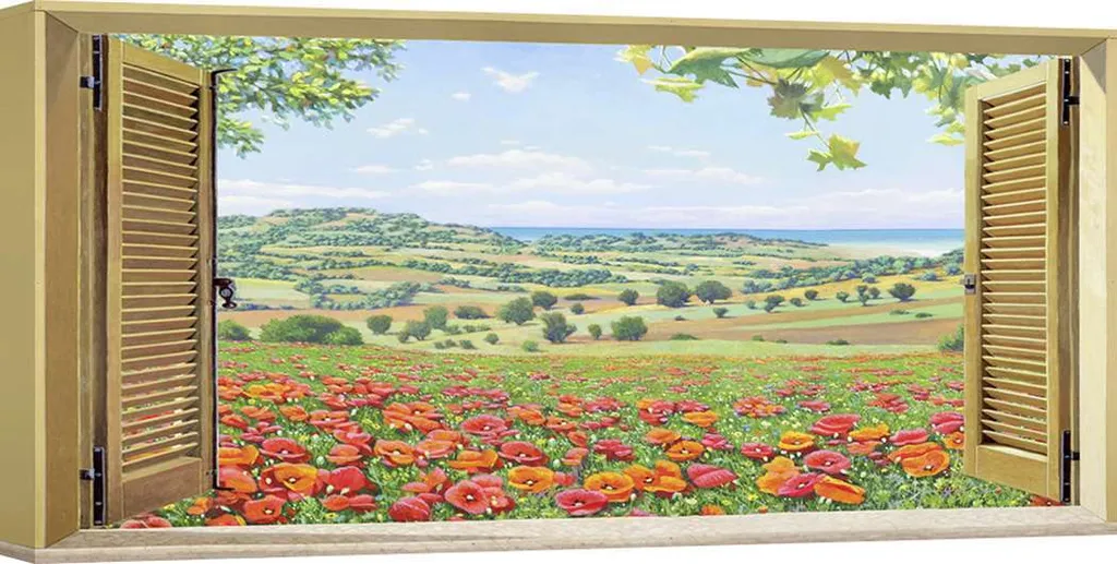 Décoration murale toile panoramique : Vue champ de coquelicots 120cm