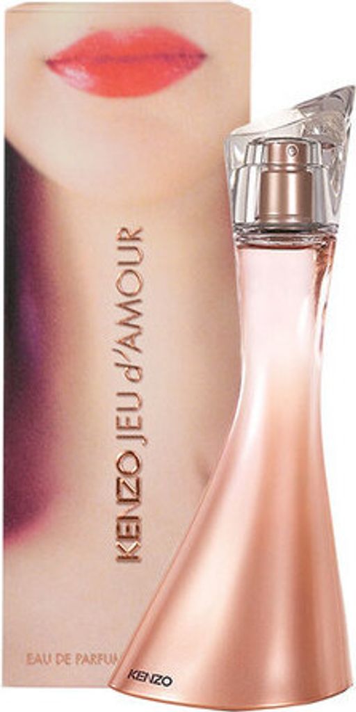 A bottle of Kenzo Jeu D'Amour Eau de Parfum for women is displayed next to its packaging.