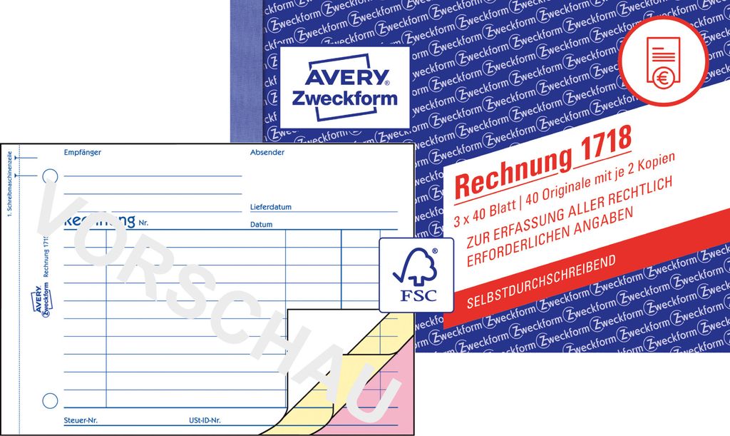 Avery Zweckform 1718, Rechnung, A6 quer, selbstdurchschreibend, 3x40 Blatt