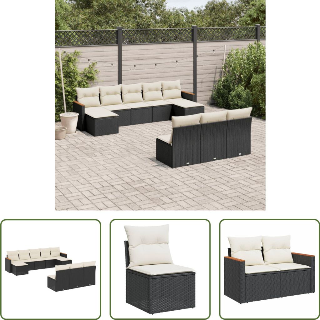 The Living Store 10-tlg. Garten-Sofagarnitur mit Kissen Schwarz Poly Rattan