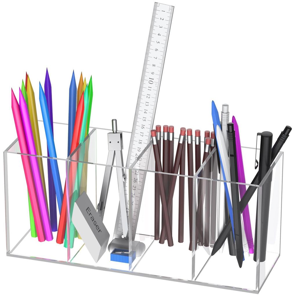 Transparenter Acryl-Stiftehalter 23x8x10cm mit 4 Fächern für Stifte, Bleistifte und Make-up-Pinsel, vertikaler Schreibtisch-Organizer für Büro,...