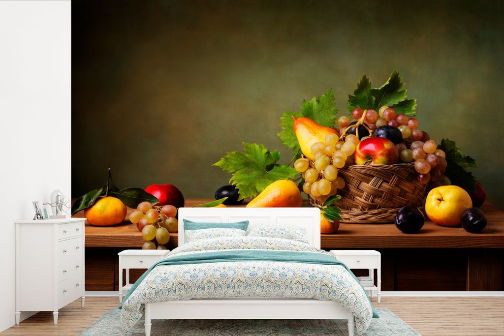 MuchoWow Fototapete für Wohnzimmer oder Schlafzimmer Wandtapete Vinyl Motivtapete Rustikal - Korb - Obst - Stilleben - 525x350 cm - Das Hintergr...