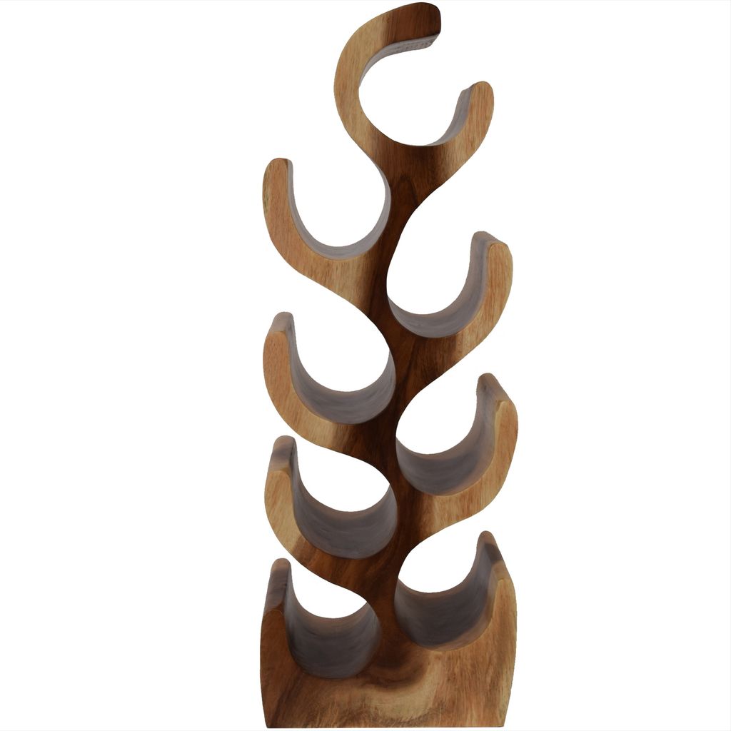 A wooden wine rack with curved slots for bottles, shown against a white background.