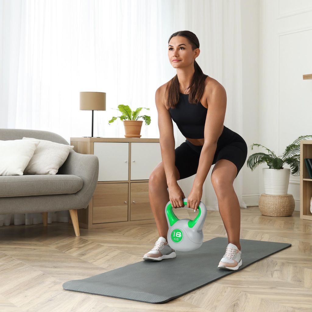 Kettlebell 16 kg PolyurethanBeschichtet, Kugelhantel mit flacher Unterseite, großer Griff, Schwunghantel Grün | 27 x 17 x 31 cm | 16 kg | bodensc...