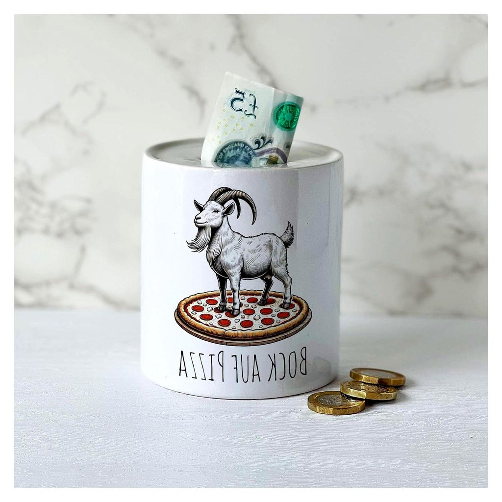 Spardose für Ziegen- und Pizzaliebhaber mit humorvollen Sprüchen