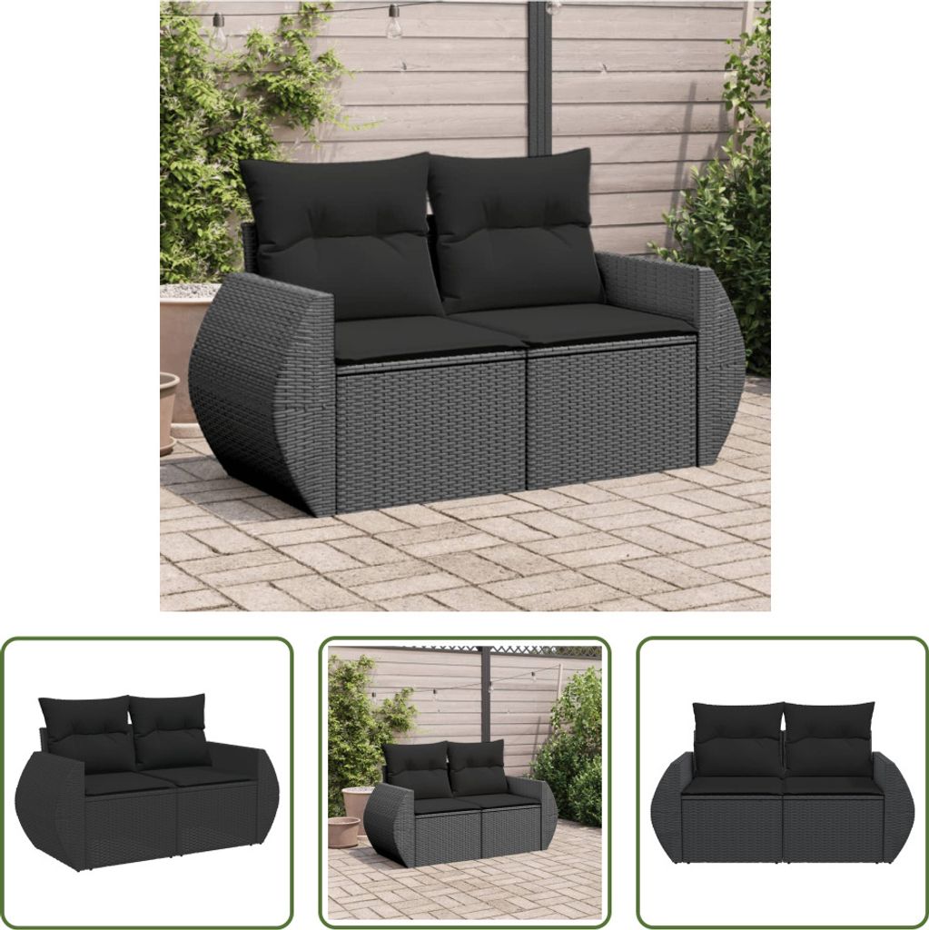 The Living Store Gartensofa mit Kissen 2-Sitzer Schwarz Poly Rattan