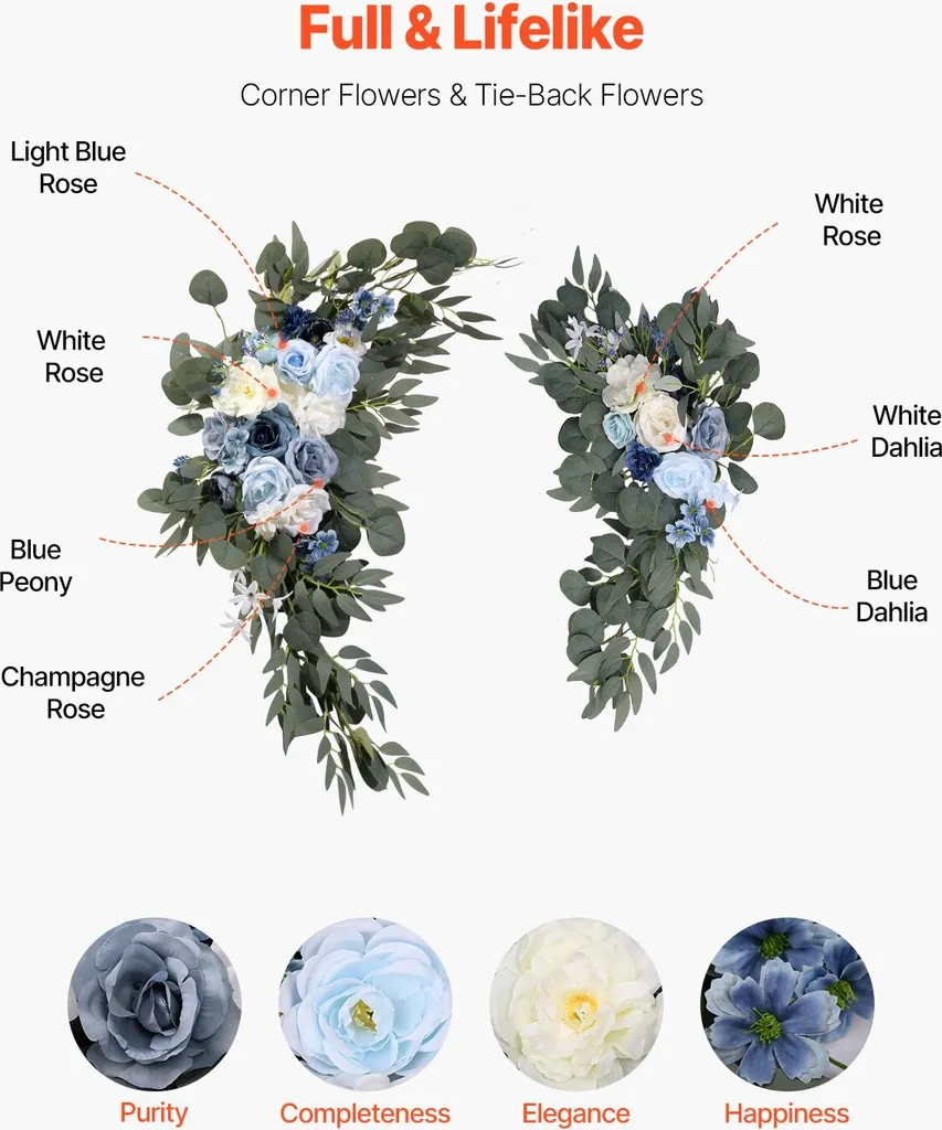 Set de 2 Fleurs Artificielles et 2 Rideaux Bleus pour Arche de Mariage - 5