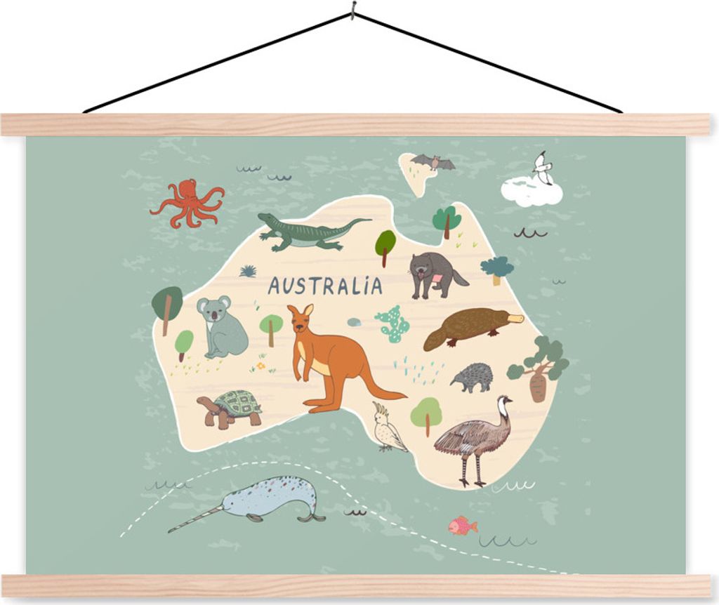 MuchoWow Textilposter Tiere - Australien - Weltkarte - Kinder - Blau - Kinder 120x80 cm mit holzfarbenen Rahmen - Aufhängeset