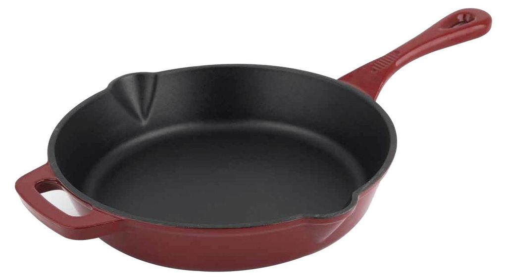 A red cast iron frying pan with a black interior, shown from a slightly elevated side angle against a white background.