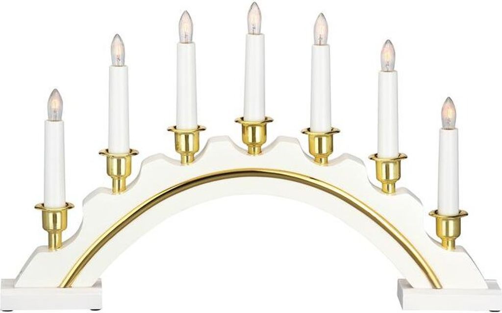 A white electric candle arch with gold accents and seven white candle-shaped lights.