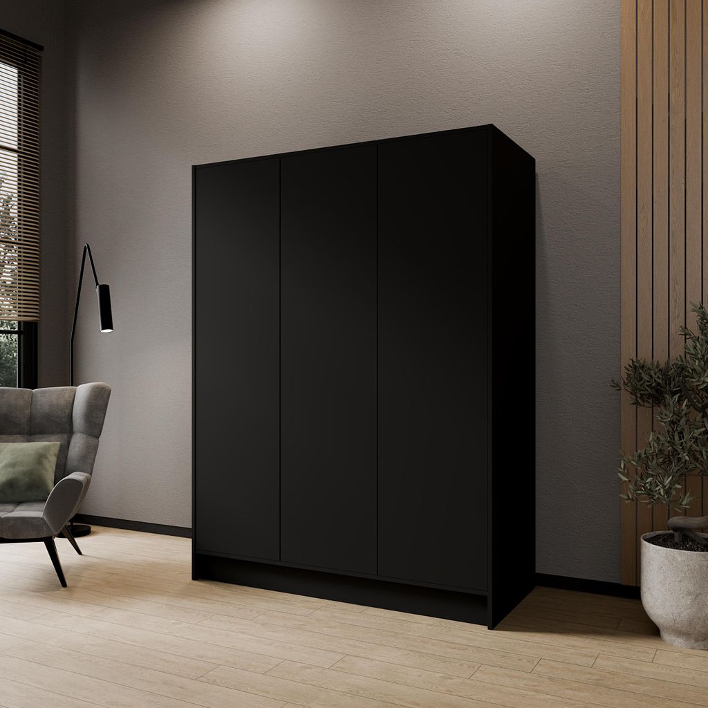 Glatte Drehtürenschrank 150 cm Mila 1, 3-türiger Kleiderschrank, Schrank mit Einlegeböden und Kleiderstange, Farbe: Schwarz, Breite: 150 cm
