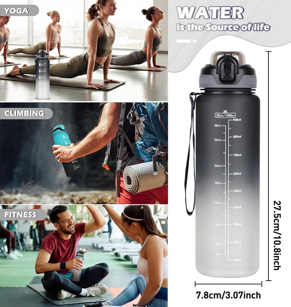 Trinkflasche mit Strohhalm 1L - Auslaufsicher, Spülmaschinenfest und Zeitmarkierung für Hydratation - Ideal für Sport, Fitness und Schule