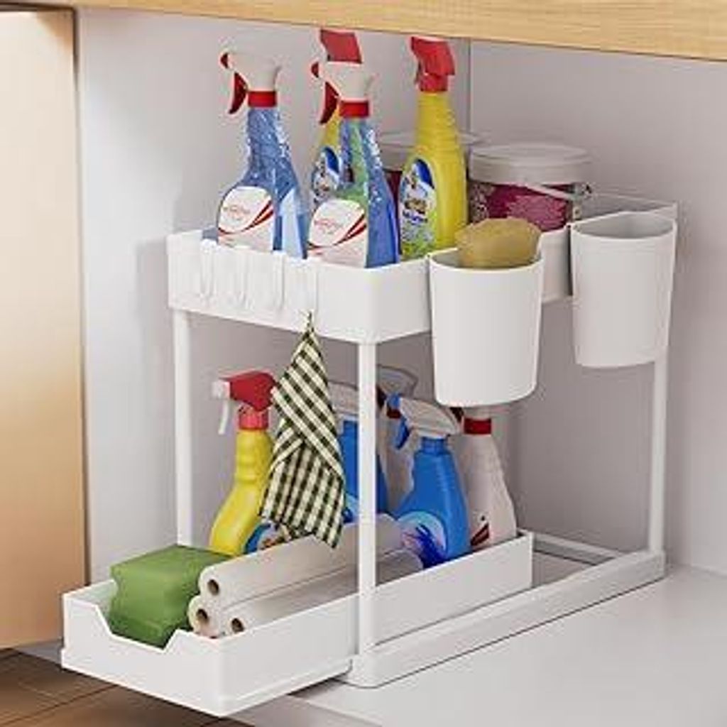 AIXPI Küchen Organizer 2 Etagen, Unter Waschbecken Regal mit Haken und Tasse Gewürzregal Spülschrank Organizer Küchenregal Schrank Organizer f...