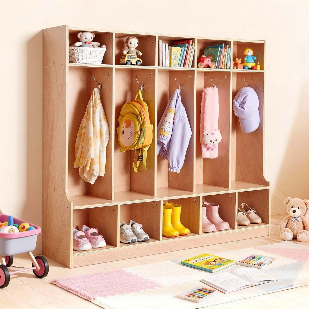 Kinderkleiderschrank & Kindergarderobe - Offenes Garderobenregal aus Holz - Viel Stauraum mit 15 Fächern (5 groß, 10 klein) - Mit 10 Haken - Für...