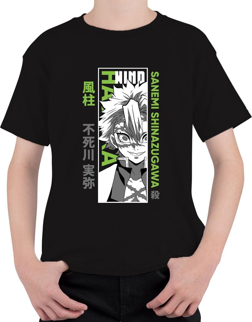 Sanemi Shinazugawa Kimetsu no Yaiba Wind Hashira Anime Narben Uni Kinder T-Shirt, Schwarz, 128