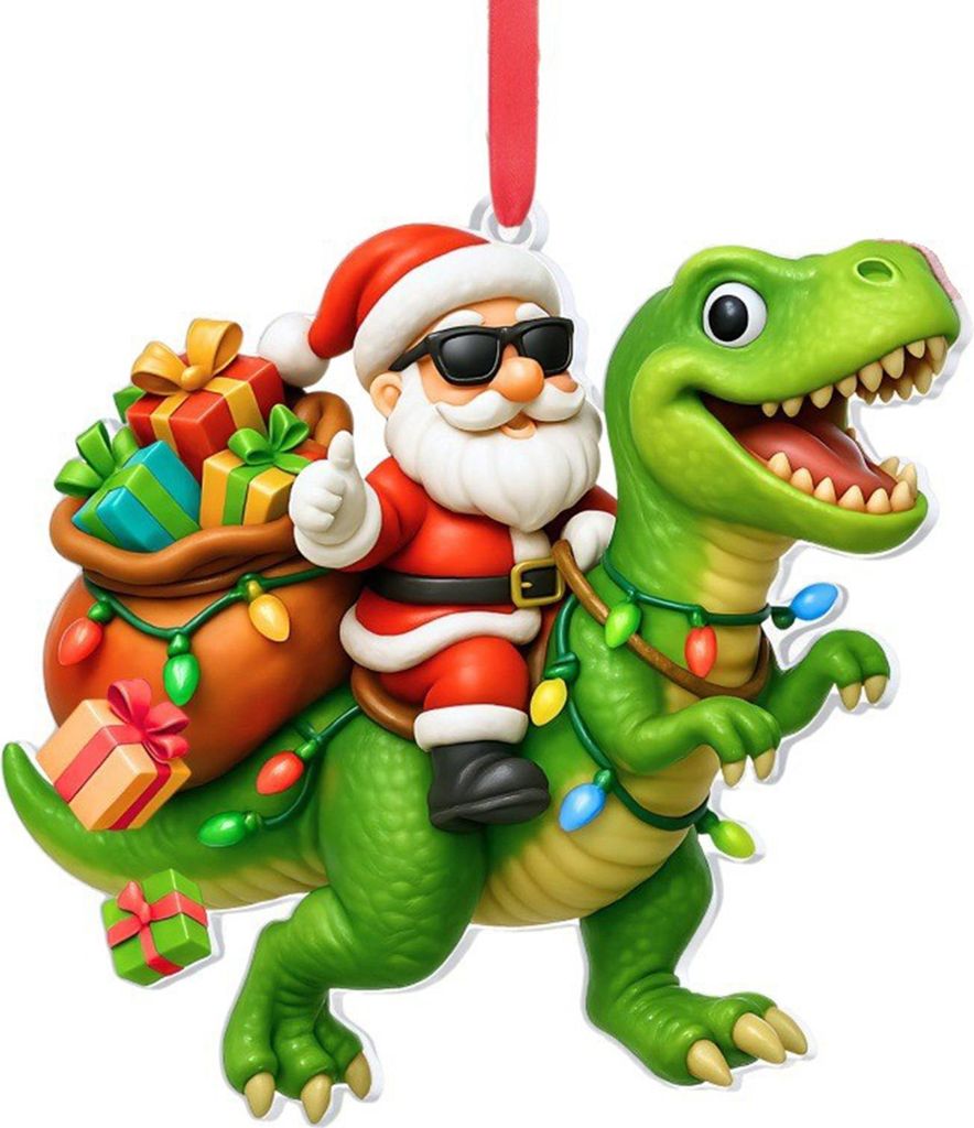 Weihnachtsmann auf Dinosaurier-Weihnachtsbaumschmuck, lustige Weihnachtsmann-Acryl-Hängedekoration, origineller Dino-Weihnachtsbaumschmuck für Ki...