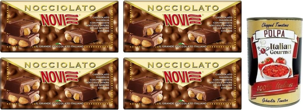 4x Novi Nocciolato Gianduia con Nocciole Intere,Tafel Gianduia-Schokolade mit ganzen Haselnüssen 130g + Italian Gourmet Polpa di Pomodoro 400g Dose