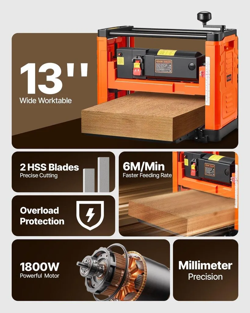 Raboteuse électrique 1800W 23500 tr/min avec table large de 330 mm