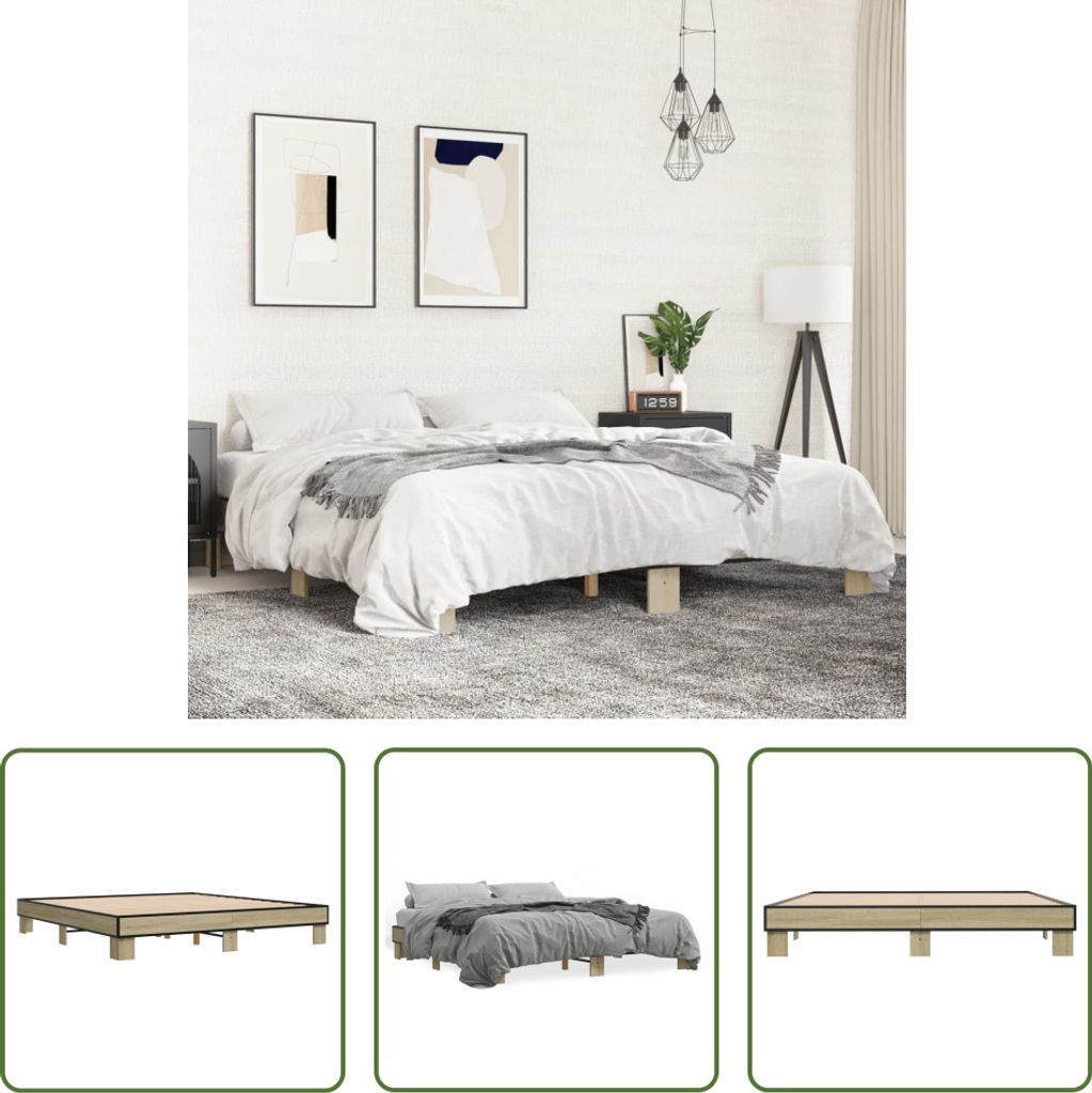 The Living Store Bettgestell Sonoma-Eiche 160x200 cm Holzwerkstoff und Metall