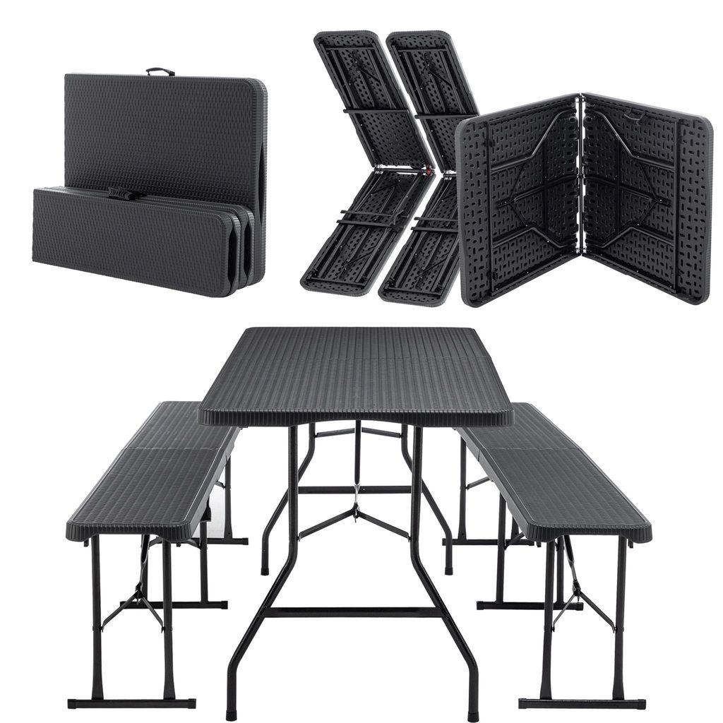 Bierzeltgarnitur klappbar 3-teilig Set Tisch + 2 x Bank Kunststoff Gartengarnitur wetterfest 180 cm Gartenmöbel Set Indoor & Outdoor mit Tragegriff