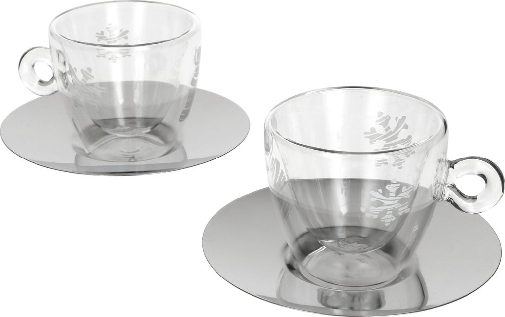 Luigi Bormioli 4tlg. edle doppelwandige Glastasse + Edelstahl-Untersetzer 165ml