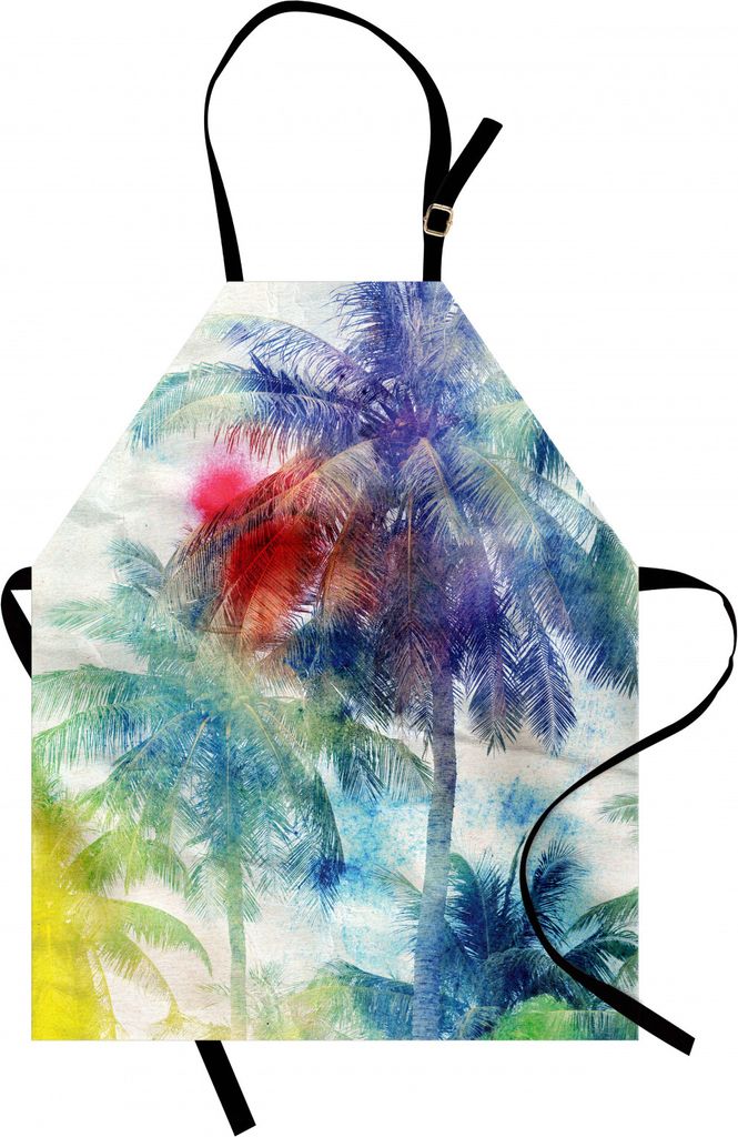 ABAKUHAUS Palme Kochschürze, Retro- Aquarell-Schattenbilder von Palmen beflecken auf tropischem Paradies-Thema, Farbfest Höhenverstellbar Waschba...