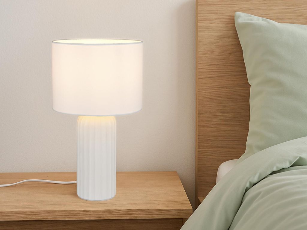 LED Tischlampe mit Keramikfuß & Stoffschirm Weiß, Nachttischlampe Höhe 36cm
