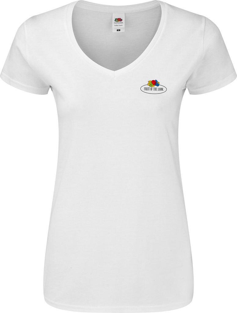 Fruit of the Loom Ladies Iconic 150 V-Neck T-Shirt mit Vintage-Logo auf der Brust Farbe: weiß - Vintage-Logo klein Größe: S