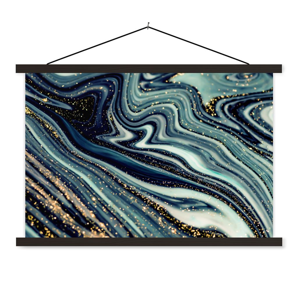 MuchoWow Textilposter Marmor - Gold - Blau - Glitter - Marmoroptik - Abstrakt 90x60 cm mit schwarzem Rahmen - Aufhängungssatz