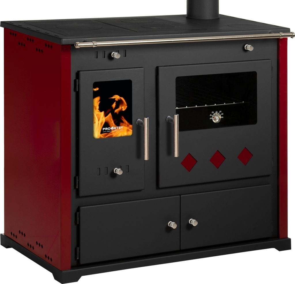 A red and black wood-burning stove with a glass oven door and a stovetop.