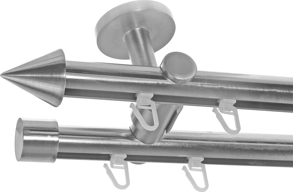 Innenlauf Gardinenstange Edelstahl Look, Durchmesser 20mm, Deckenträger D40, 2-läufig, Länge 540, Endkappe E31